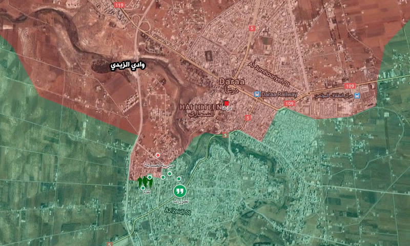 خريطة السيطرة الحالية في درعا البلد - 14 نيسان 2017 (خرائط غوغل معدلة)