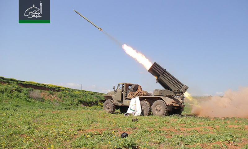 "جيش النصر" يستهدف مطار حماة العسكري بصواريخ "غراد"- الجمعة 7 نيسان (تويتر)
