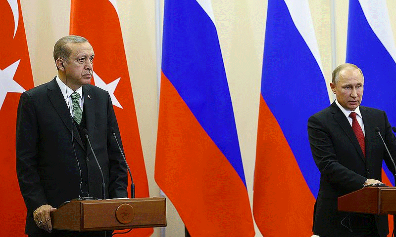 لقاء الرئيسان التركي والروسي، رجب طيب أردوغان، فلاديمير بوتين، الأربعاء- 3 أيار (الأناضول)