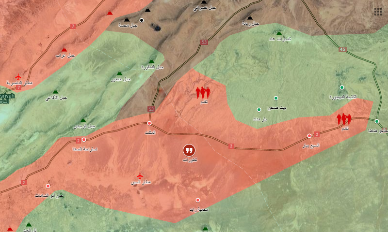 خريطة السيطرة الحالية في مناطق الاشتباك في البادية السورية (خرائط غوغل المعدلة)