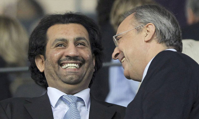 رئيس نادي ريال مدريد، فلورينتينو بيريث ورئيس نادي ملقا، عبد الله آل ثاني (وسائل إعلام إسبانية)
