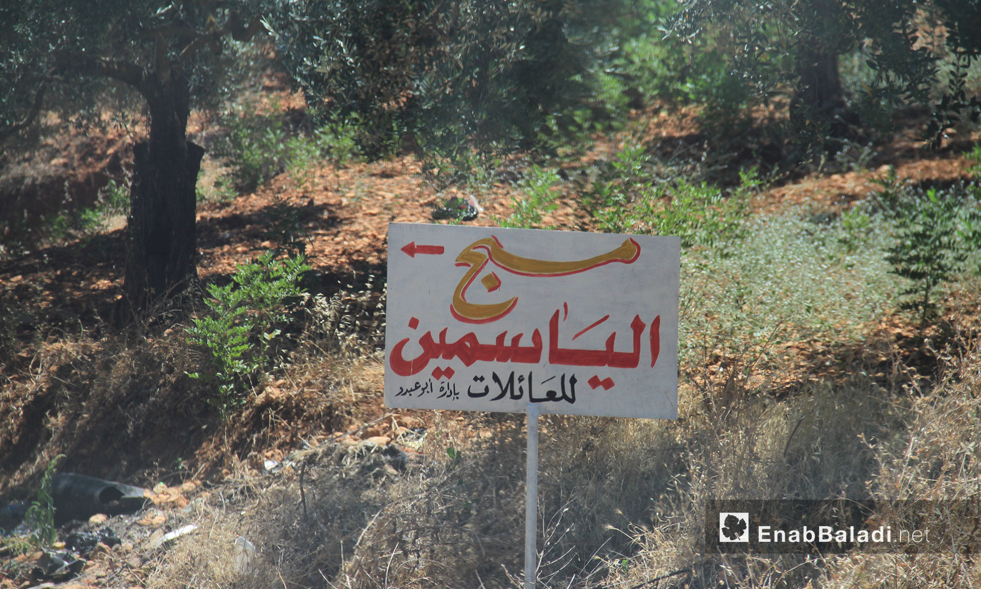 لافتة أحد مسابح ومنتزهات دركوش في ريف إدلب الشمالي - 29 حزيران 2017 (عنب بلدي)