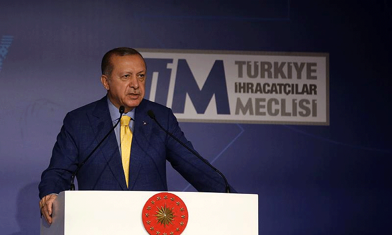الرئيس التركي، رجب طيب اردوغان، في اجتماع مجلس المصدرين الأتراك في إسطنبول- 17 حزيران (الأناضول)