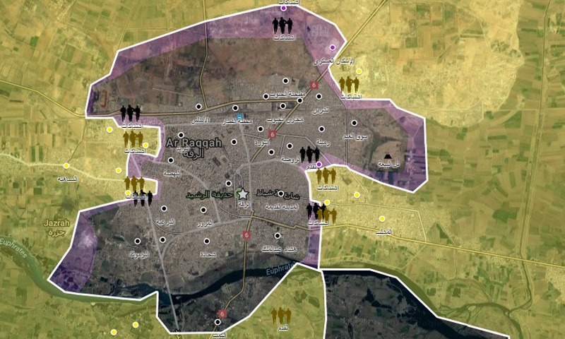 خريطة ميدانية توضح الطوق الذي فرضته قوات سوريا الديموقراطية على مدينة الرقة - 23 حزيران - (عنب بلدي)