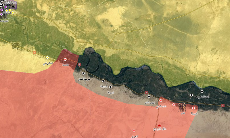 خريطة توضيحية لوصول قوات الأسد إلى نهر الفرات جنوب شرق الرقة - 31 تموز 2017 - (عنب بلدي)