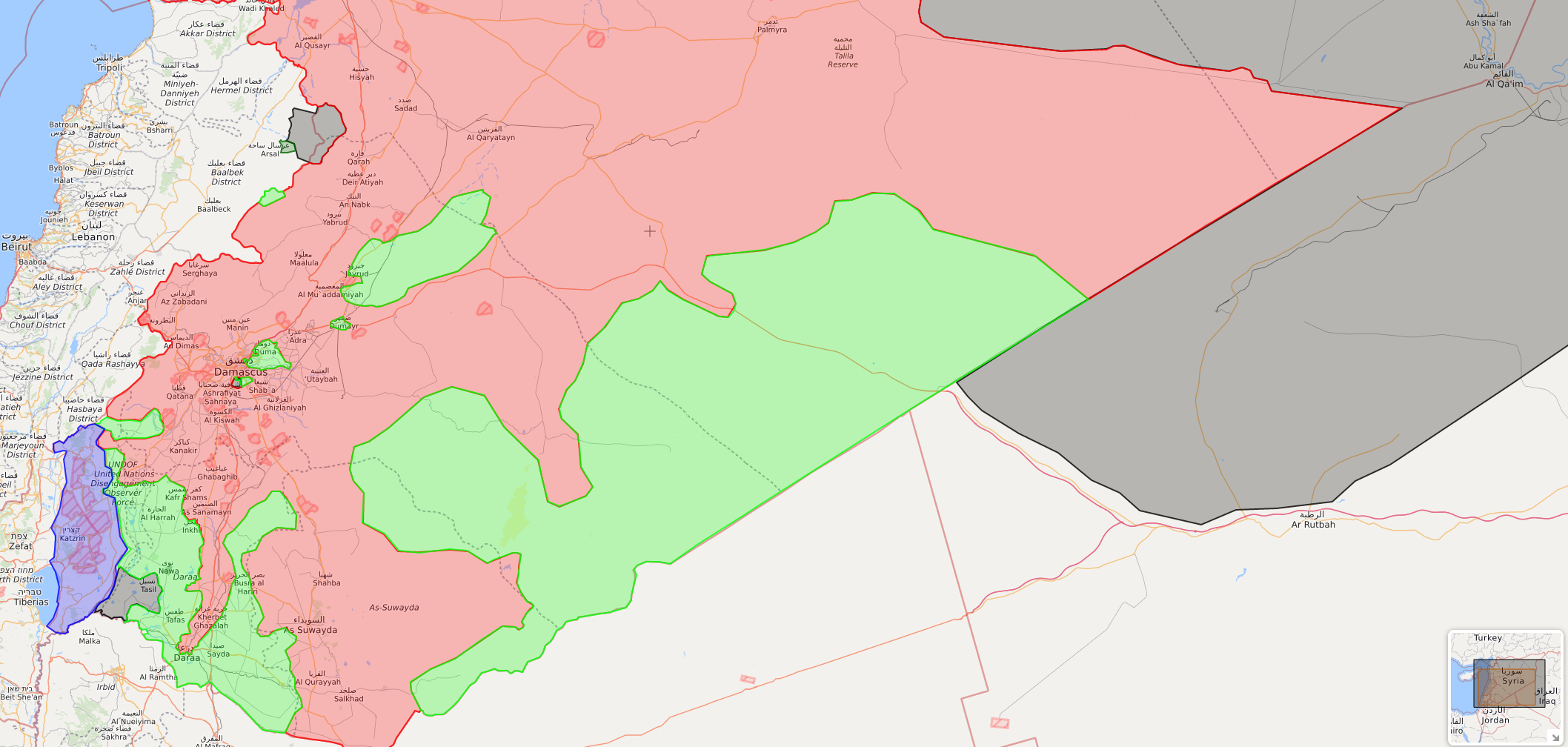 خريطة السيطرة في البادية السورية على الحدود الأردنية - 8 آب 2017 (Livemap)