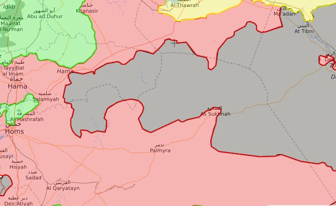 خريطة توضيحية لمناطق السيطرة في ريفي حمص وحماة - 13 آب 2017 (livemap)