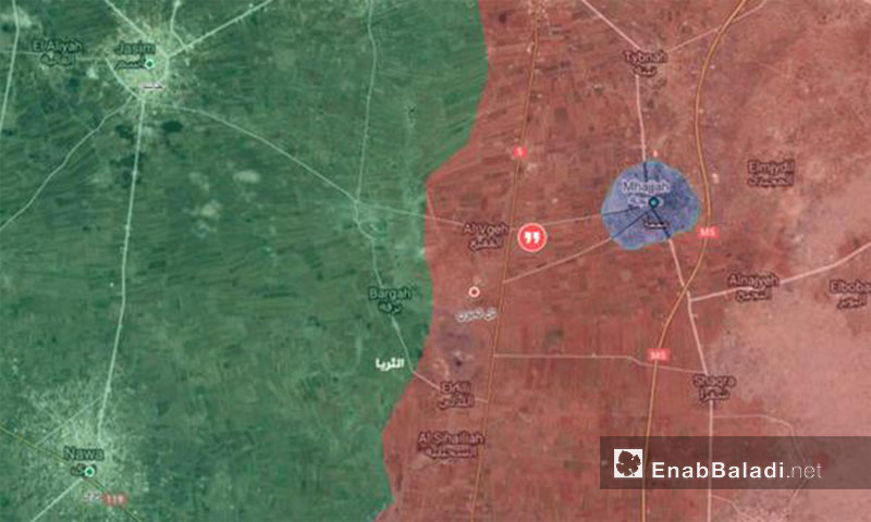 خريطة تظهر موقع بلدة محجة شمال درعا –24 كانون الثاني 2017 (عنب بلدي)

