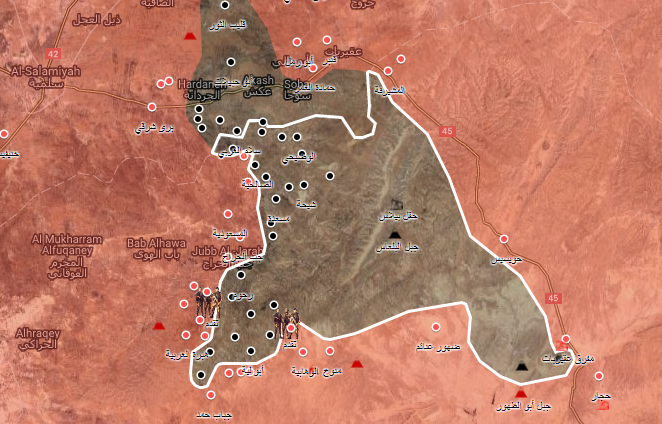 خريطة توضح نفوذ قوات الأسد وتنظيم الدولة في ريف حماة الشرقي – 11 أيلول 2017 (الخريطة الحربية)