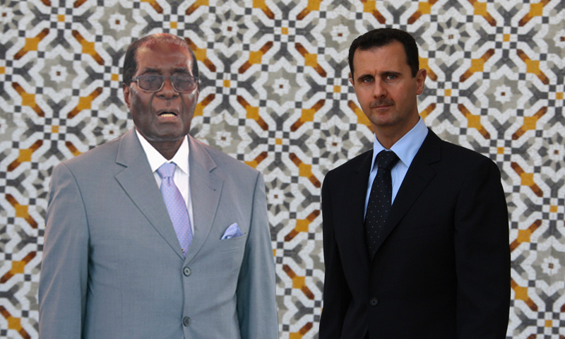 رئيس النظام السوري بشار الأسد ورئيس زيمبابوي المستقيل روبرت موغابي (تعديل عنب بلدي)
