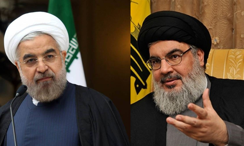 الأمين العام لـ "حزب الله" حسن نصر الله والرئيس الإيراني حسن روحاني (تعديل عنب بلدي)