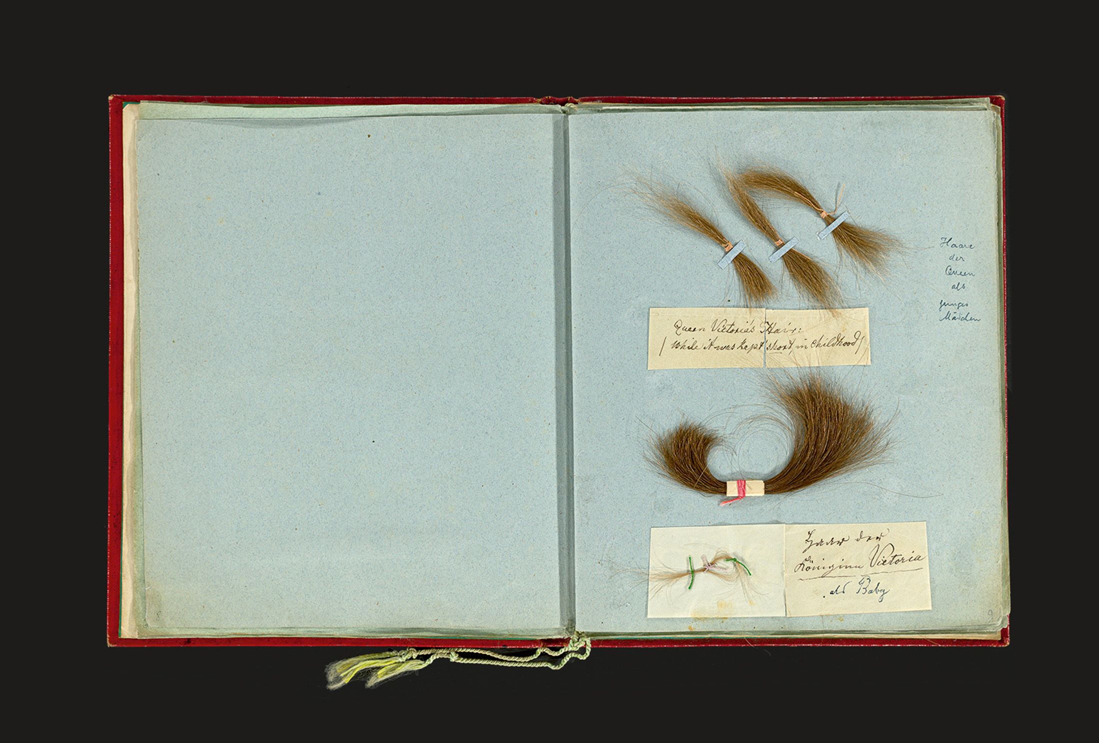 بعض من خصلات شعر الملكة فيكتوريا التي تضمها المجموعة (Grisebach)