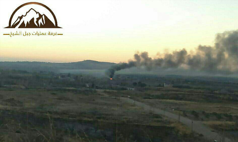 صورة نشرتها "غرفة عمليات جبل الشيخ" قالت إنها لانفجار مستودع أسلحة للنظام غرب دمشق - 8 كانون الأول 2017 (تيلغرام)