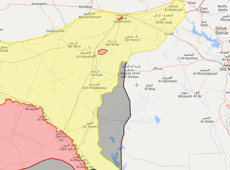 خريطة توضح نفوذ قسد وتنظيم الدولة في المنطقة الشرقية في سوريا- 14 كانون الثاني 2018 (LM)