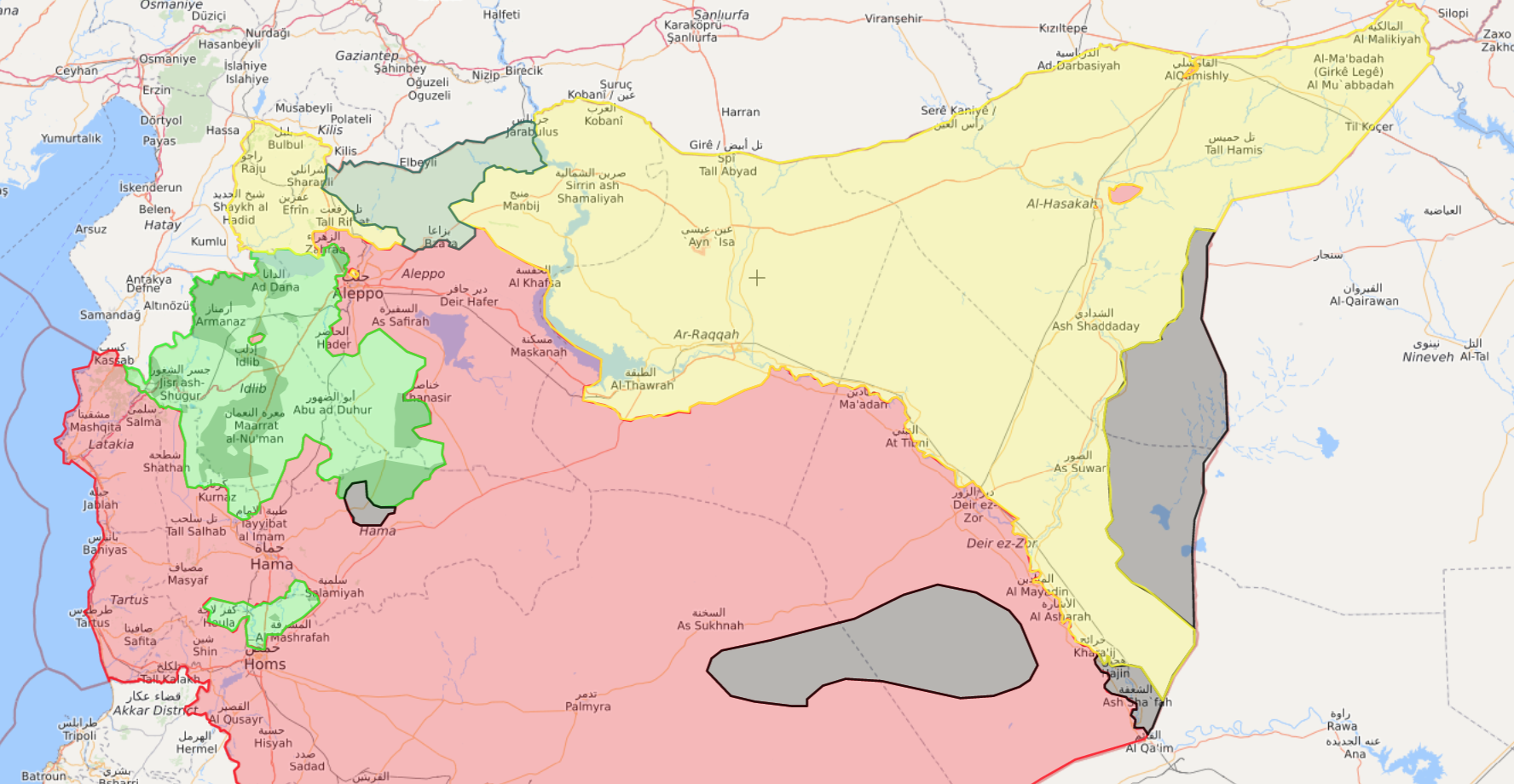 خريطة تظهر مناطق سيطرة قوات سوريا الديمقراطية - 7 كانون الثاني 2018 (Livemap)