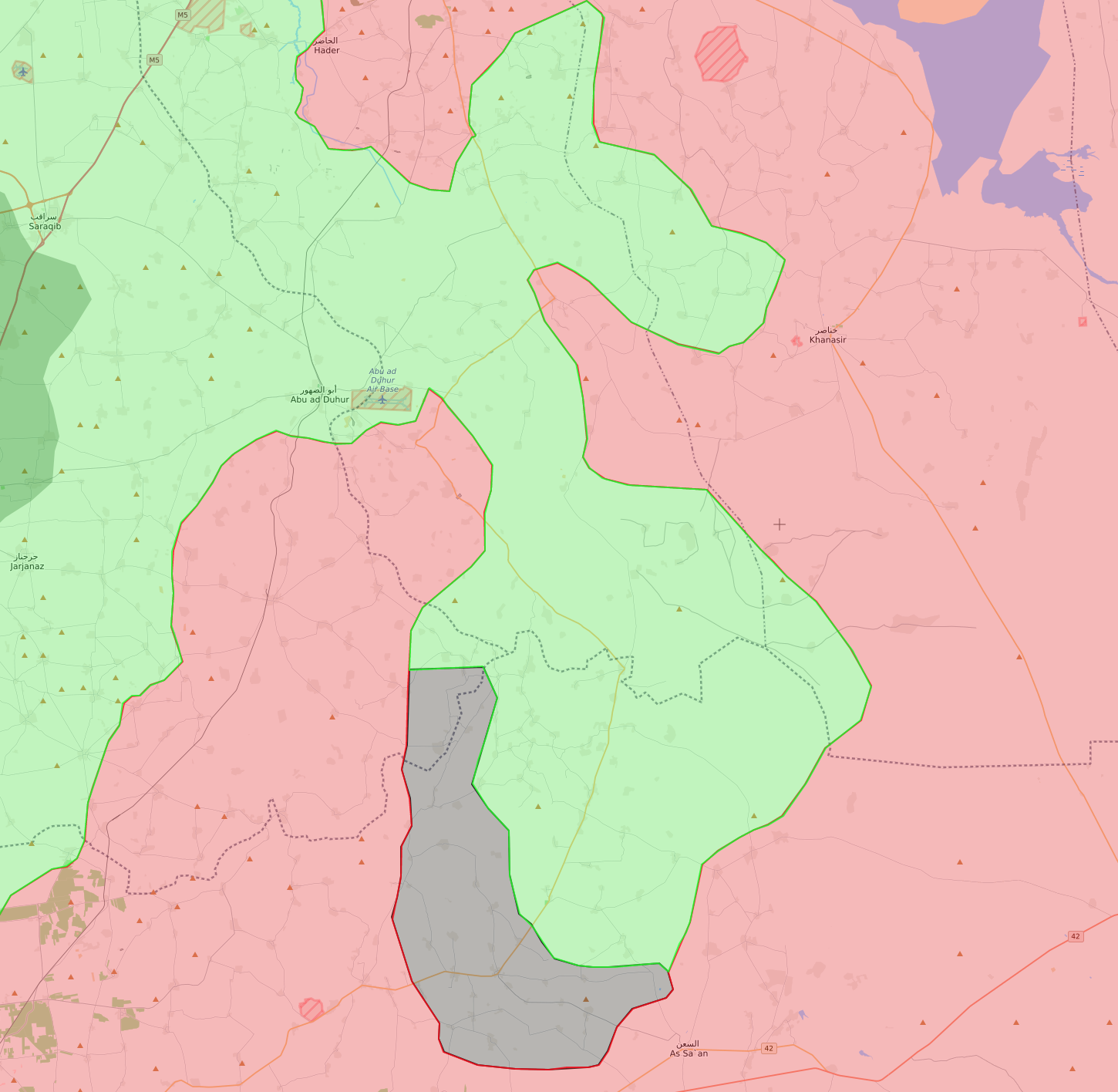 خريطة السيطرة الميدانية في محيط مطار أبو الظهور العسكري - 14 كانون الثاني 2018 (livemap)