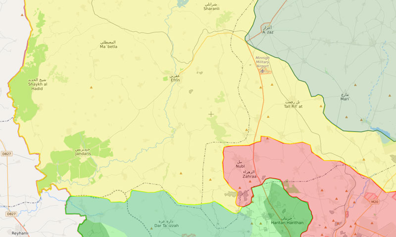 خريطة السيطرة في منطقة عفرين شمالي حلب - 21 كانون الثاني 2017 (livemap)