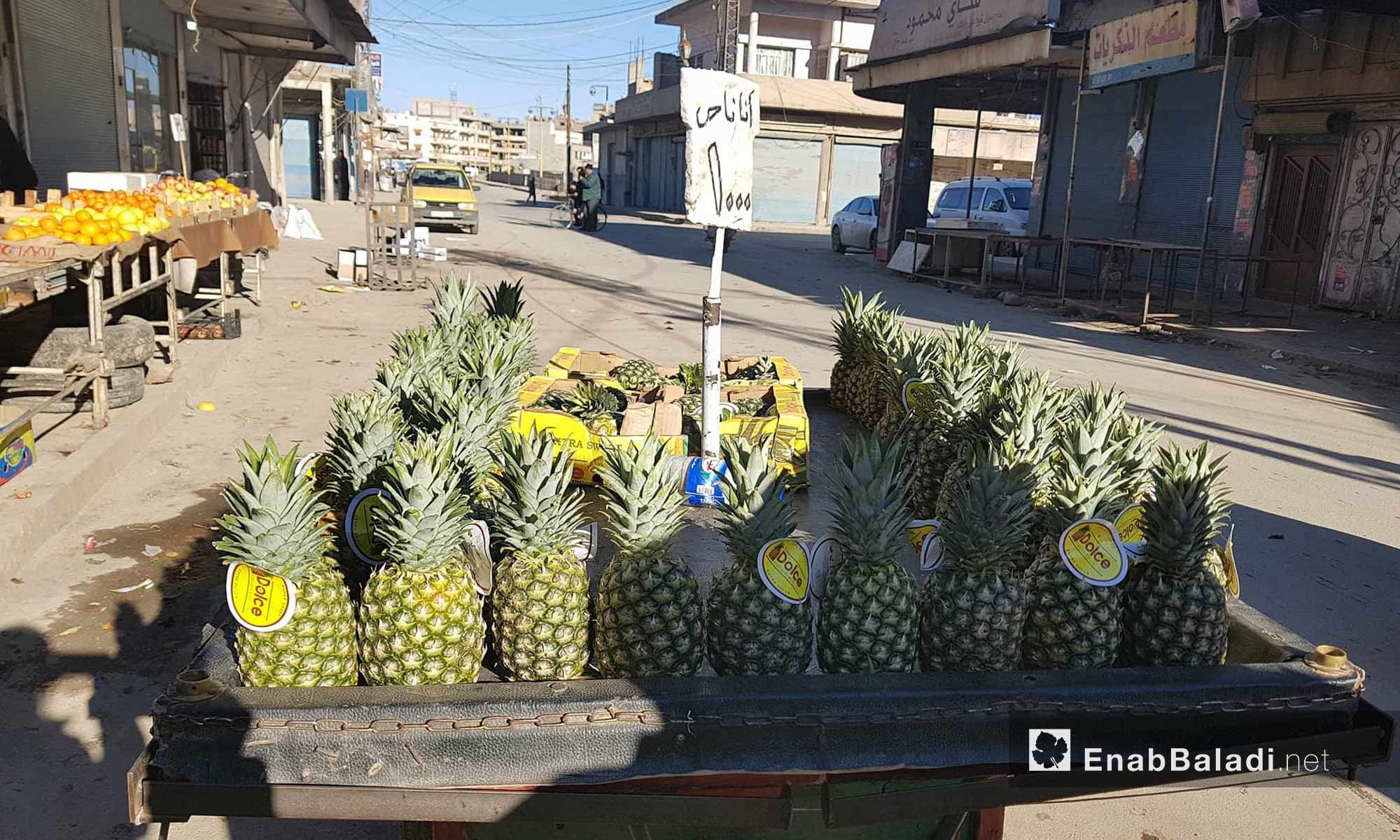 بسطة تحمل فاكهة الأناناس في سوق الخضرة في القامشلي - 30 كانون الثاني 2018 (عنب بلدي)