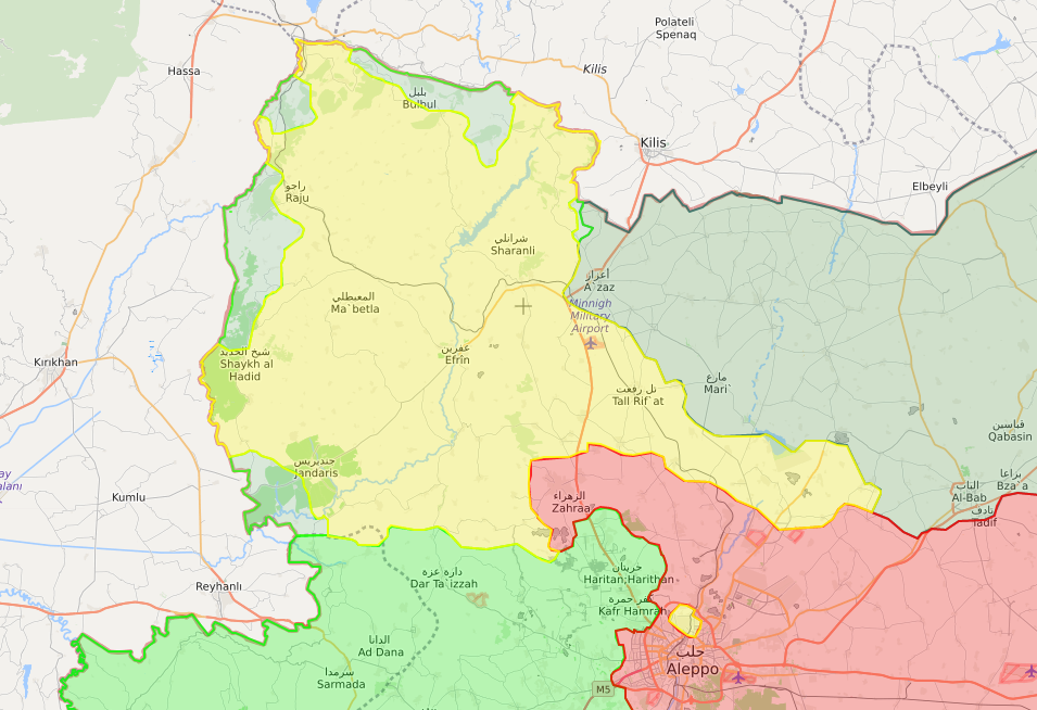 خريطة توضح نفوذ فصائل الجيش الحر والوحدات في منطقة عفرين - 19 شباط 2018 (LM)