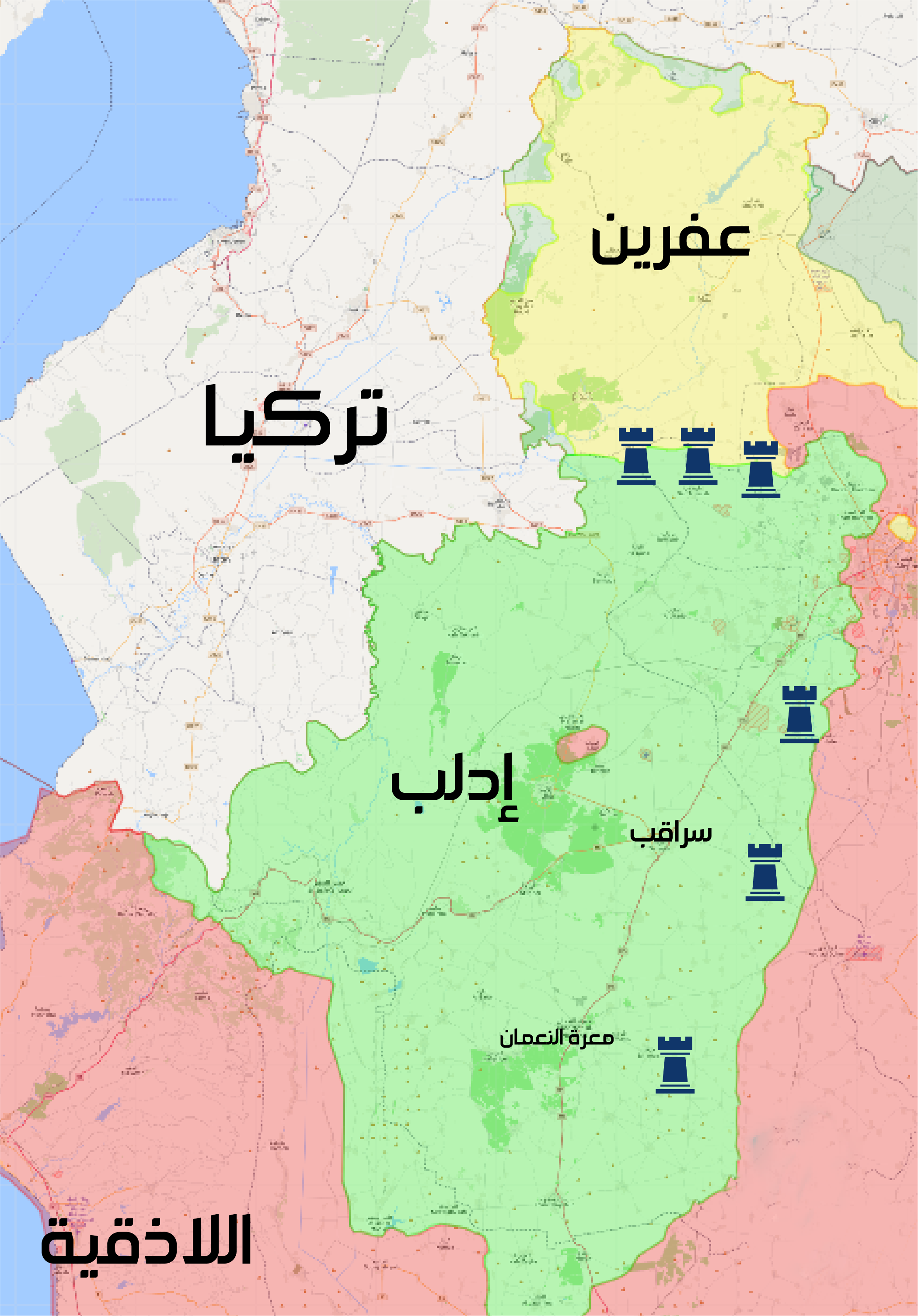 خريطة توزع نقاط التمركز التركية في محافظة إدلب - 15 شباط 2018 (تعديل عنب بلدي)