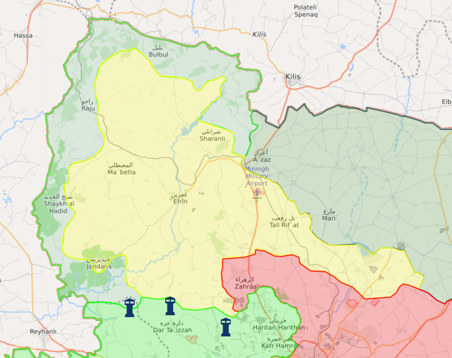 خريطة السيطرة في منطقة عفرين شمالي حلب - 5 آذار 2018 (عنب بلدي)