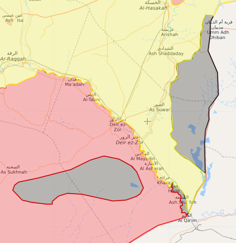 خريطة تظهر توزع السيطرة في محافظة دير الزور - 18 آذار 2018 (Livemap)
