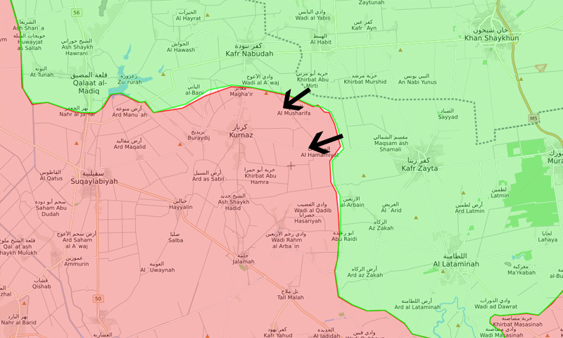 خريطة توضح محور الفصائل العسكرية شمال غربي حماة - 14 آذار 2018 (lm)