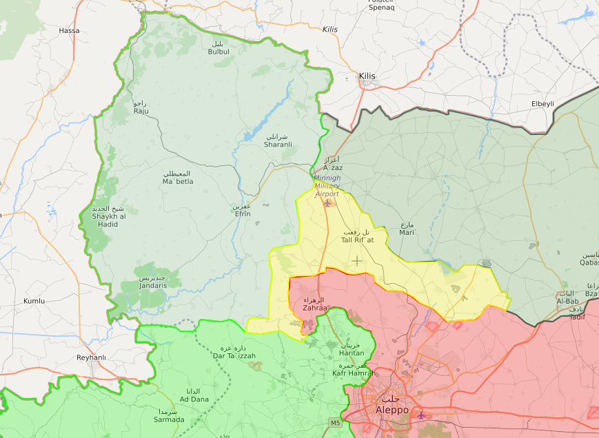 خريطة توضح نفوذ الجيش الحر في محيط عفرين - 23 آذار 2018 (lm)