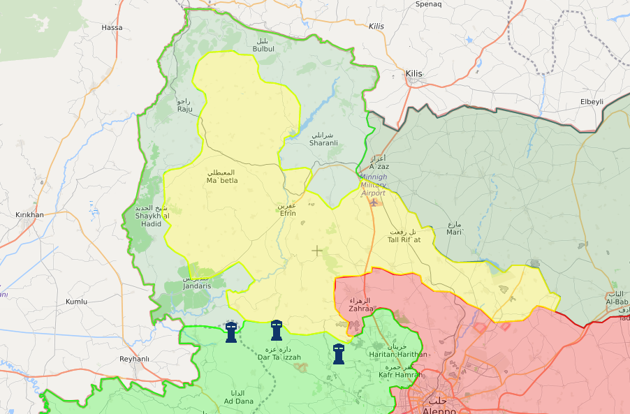 خريطة توضح نفوذ فصائل الجيش الحر في محيط عفرين - 10 آذار 2018 (lm)