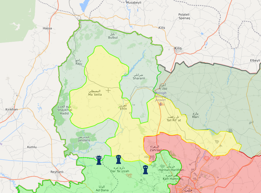 خريطة توضح نفوذ فصائل الجيش السوري الحر في محيط مركز عفرين – 11 آذار 2018 (عنب بلدي)