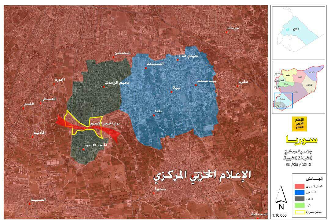 خريطة توضح نفوذ تنظيم الدولة الإسلامية جنوبي دمشق - 4 من أيار 2018 (الإعلام الحربي المركزي)
