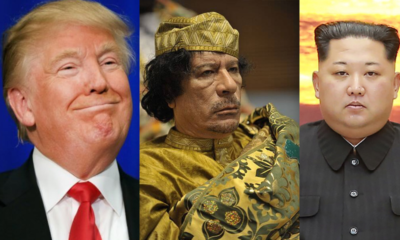 الرئيس الأمريكي ونظيره الكوري الشمالي والرئيس الليبي الراحل معمر القذافي (تعديل عنب بلدي)