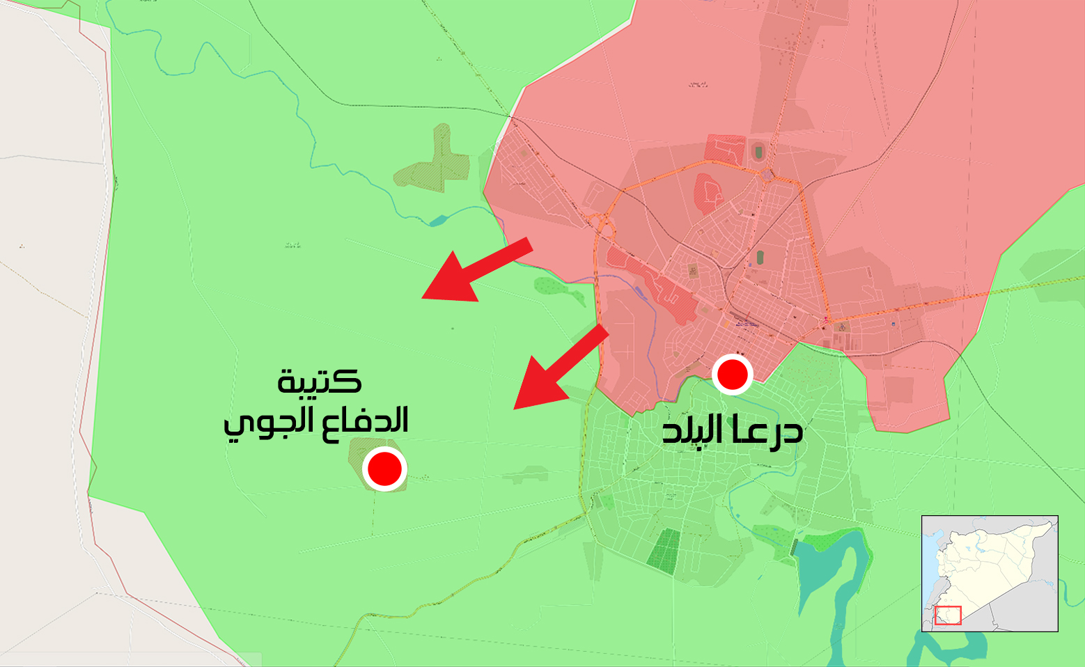 خريطة توضح الطريق الذي حاولت قوات الأسد التقدم فيه في أحياء درعا - 25 من حزيران 2018 (عنب بلدي)