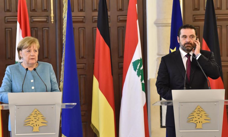المستشارة الألمانية أنجيلا ميركل في مؤتمر صحفي بلبنان مع رئيس الوزراء اللبناني سعد الحريري- 22 حزيران 2018 (المستقبل)