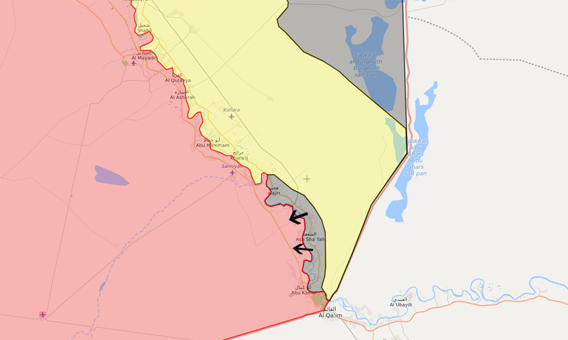 خريطة توضح محاور هجوم تنظيم الدولة في محيط البوكمال - 4 من حزيران 2018 (lm)