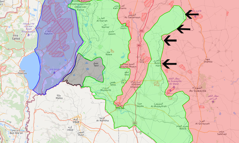 خريطة توضح محاور هجوم قوات الأسد على اللجاة شرقي درعا - 25 من حزيران 2018 (lm)