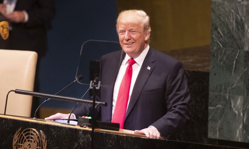 الرئيس الأمريكي دونالد ترامب، في اجتماع الجمعية العامة للأمم المتحدة 26 أيلول 2018 (حساب ترامب في تويتر)