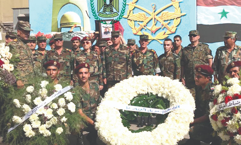 تشييع العميد وليد الكردي من جيش التحرير الفلسطيني والذي قتل بمعارك بادية السويداء، دمشق 26 أيلول 2018 (شبكة جيش التحرير الفلسطيني)