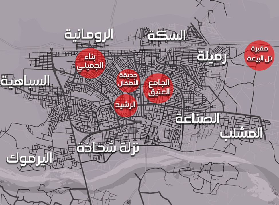 خريطة تظهر توزع المقابر الجماعية في مدينة الرقة (عنب بلدي)