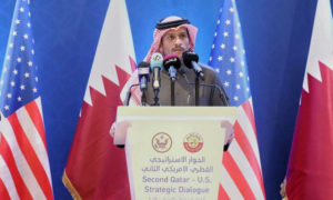 وزير الخارجية القطري، محمد عبد الرحمن، خلال مؤتمر صحفي مع وزير خارجية أمريكا، مايك بومبيو (الخارجية القطرية)