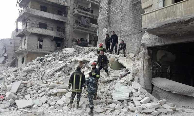انهيار بناء سكني مأهول مؤلف من 4 طوابق في منطقة صلاح الدين في مدينة حلب 2 شباط 2019 (شبكة أخبار سوريا الوطن)