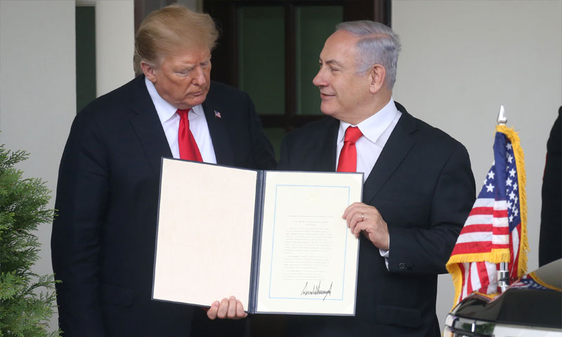 مؤتمر صحفي لرئيس الولايات المتحدة دونالد ترامب ورئيس وزراء إسرائيل بنيامين نتنياهو في واشنطن للاعتراف بالجولان - 25 من آذار 2019 (رويترز)