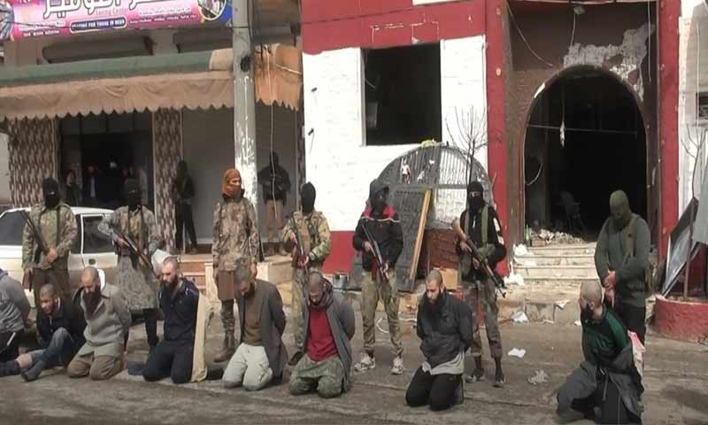 تنفيذ حكم الاعدام بعناصر متهمين بالانتماء الى تنظيم الدولة أمام معطم فيوجن وسط مدينة إدلب 2 آذار 2019 (إباء)