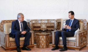 رئيس النظام السوري بشار الأسد واستقبل المبعوث الخاص للرئيس الروسي إلى سوريا ألكسندر لافرنتييف- 19 من نيسان2019 (رئاسة الجمهورية)