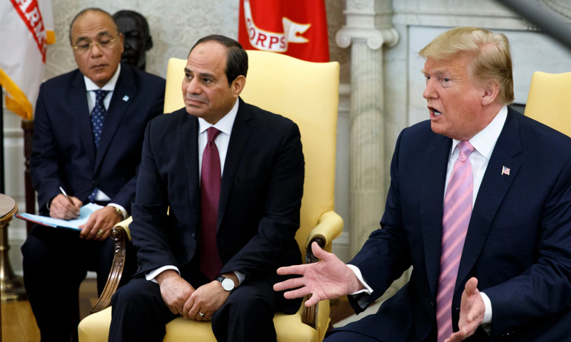 الرئيسين دونالد ترامب مع عبد الفتاح السيسي في البيت الأبيض - 9 من نيسان 2019 (نيويورك تايمز)