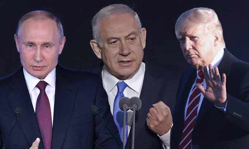 الرئيس الأمريكي دونالد ترامب ورئيس الوزراء الإسرائيلي بنيامين نتنياهو والرئيس الروسي فلاديمير بوتين (تعديل عنب بلدي)