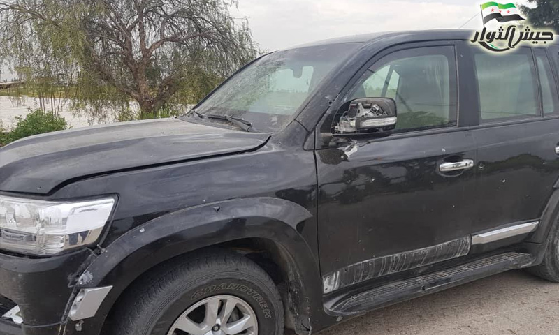 سيارة القائد العام لجيش الثوار بعد استهدافها بعبوة ناسفة في منبج - 1 من أيار 2019 (جيش الثوار)