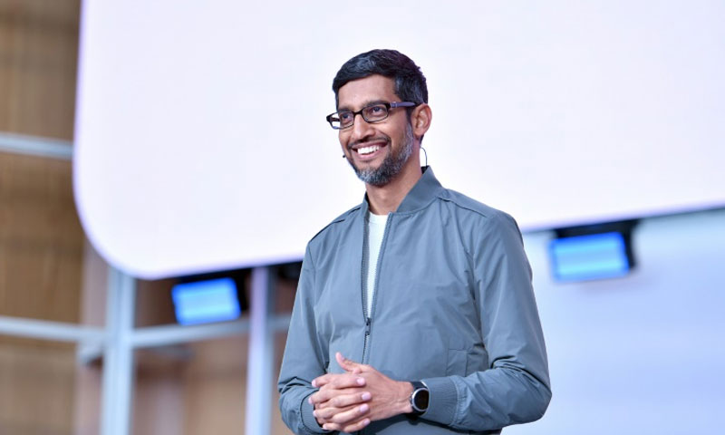 المدير التنفيذي لشركة جوجل سوندار بوتشاي خلال المؤتمر السنوي للشركة - 7 أيار 2019 (AFP)