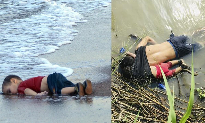 المهاجر السلفادوري وابنته فاليريا (يمين الصورة) والطفل السوري آلان الكردي (يسار)- (تعديل عنب بلدي)