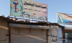 إحدى الصيدليات المغلقة بسبب الإضراب - الخميس 27 حزيران 2019 (عنب بلدي)